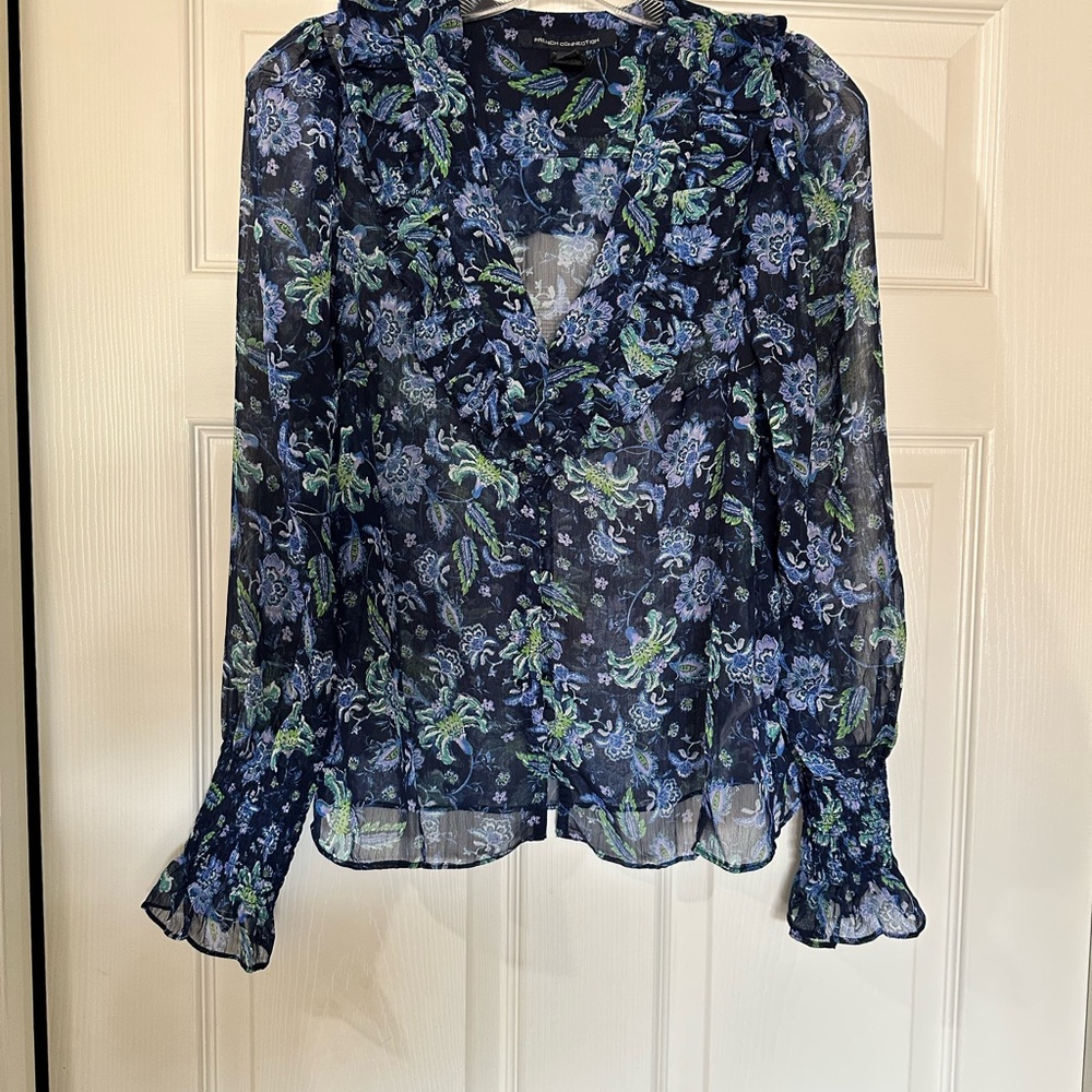 Floral Ruffle Sheer Blouse - Blue and Green